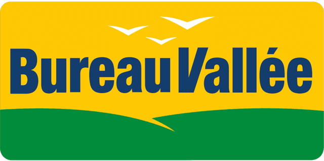 Logo of Bureau Vallée with blue text on a yellow background, featuring three white birds above a green hill.