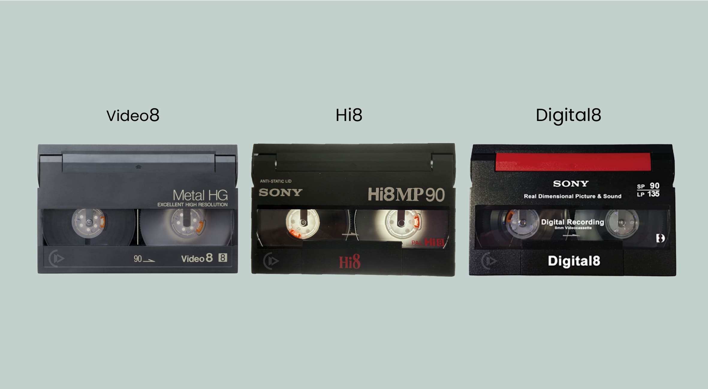 Cassettes Vidéo 8, Hi8 et Digital 8 côte à côte, avec leurs inscriptions visibles