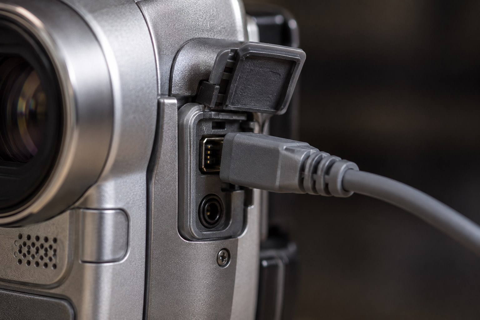La prise DV, aussi appelée FireWire ou i.LINK, a disparu des ordinateurs récents Câble FireWire branché sur la prise DV à quatre broches d'un caméscope Mini DV