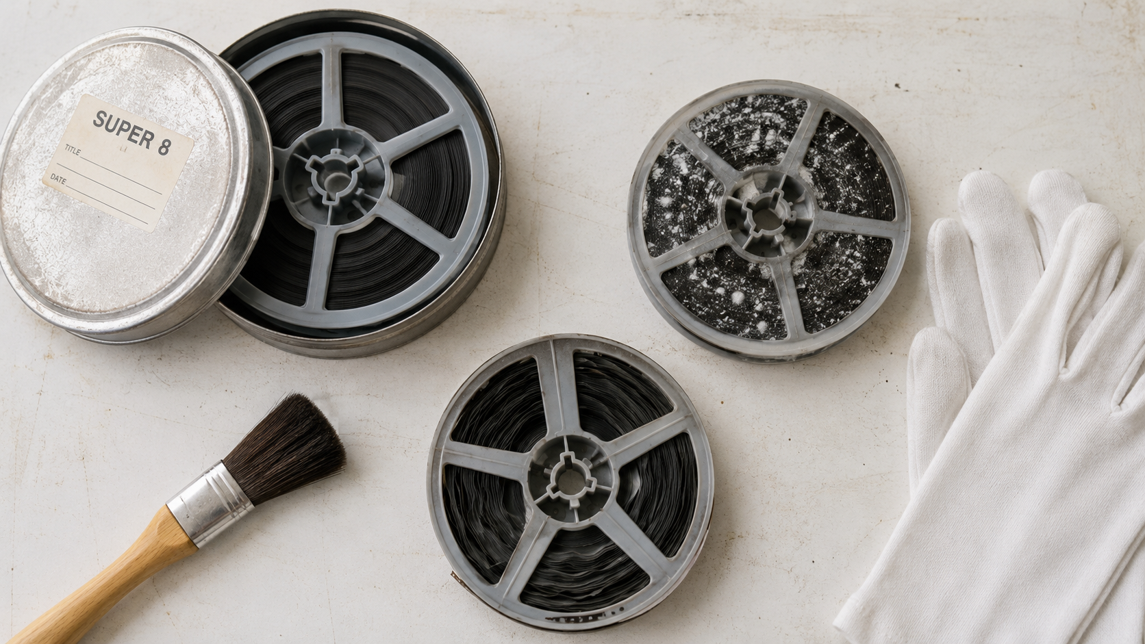 Trois bobines de film Super 8 dans différents états de   conservation — bon état, moisissure et film gondolé — avec matériel   de nettoyage