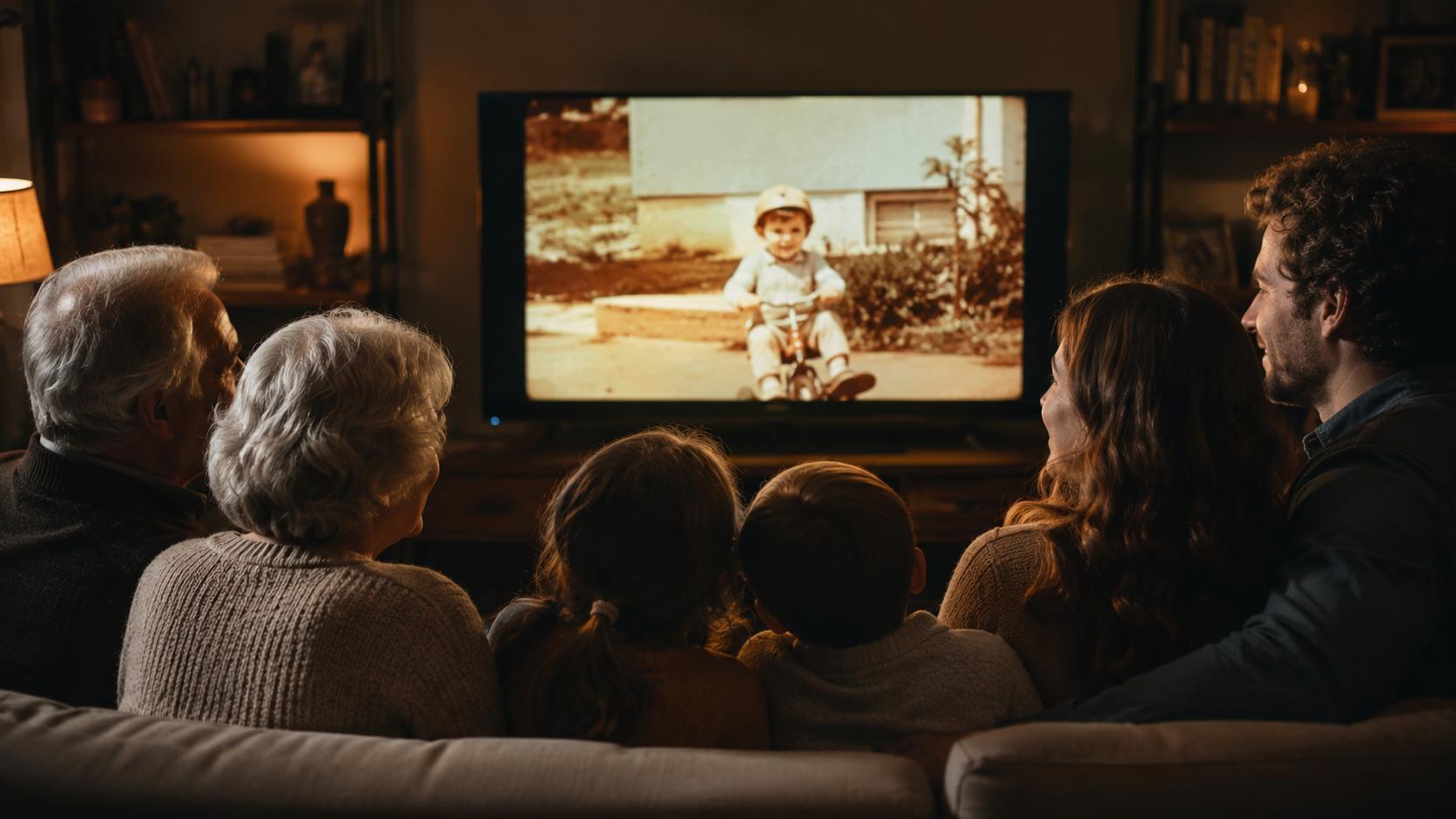 Famille multigénérationnelle regardant ensemble des films   Super 8 numérisés sur une télévision moderne, ambiance chaleureuse